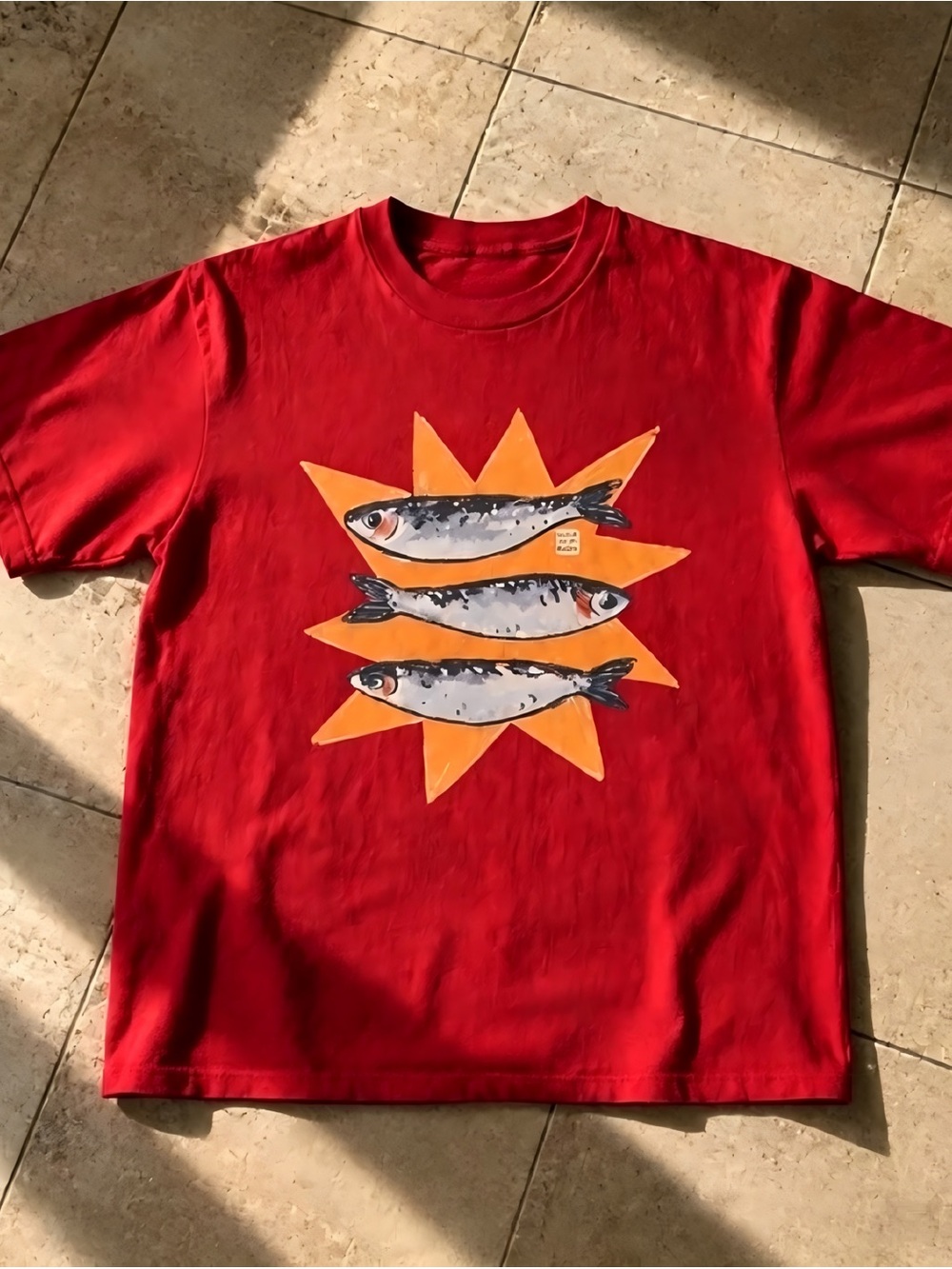 Vintage Sardine Fish Painting Print Red Casual Art Graphic T-shirt Unisex